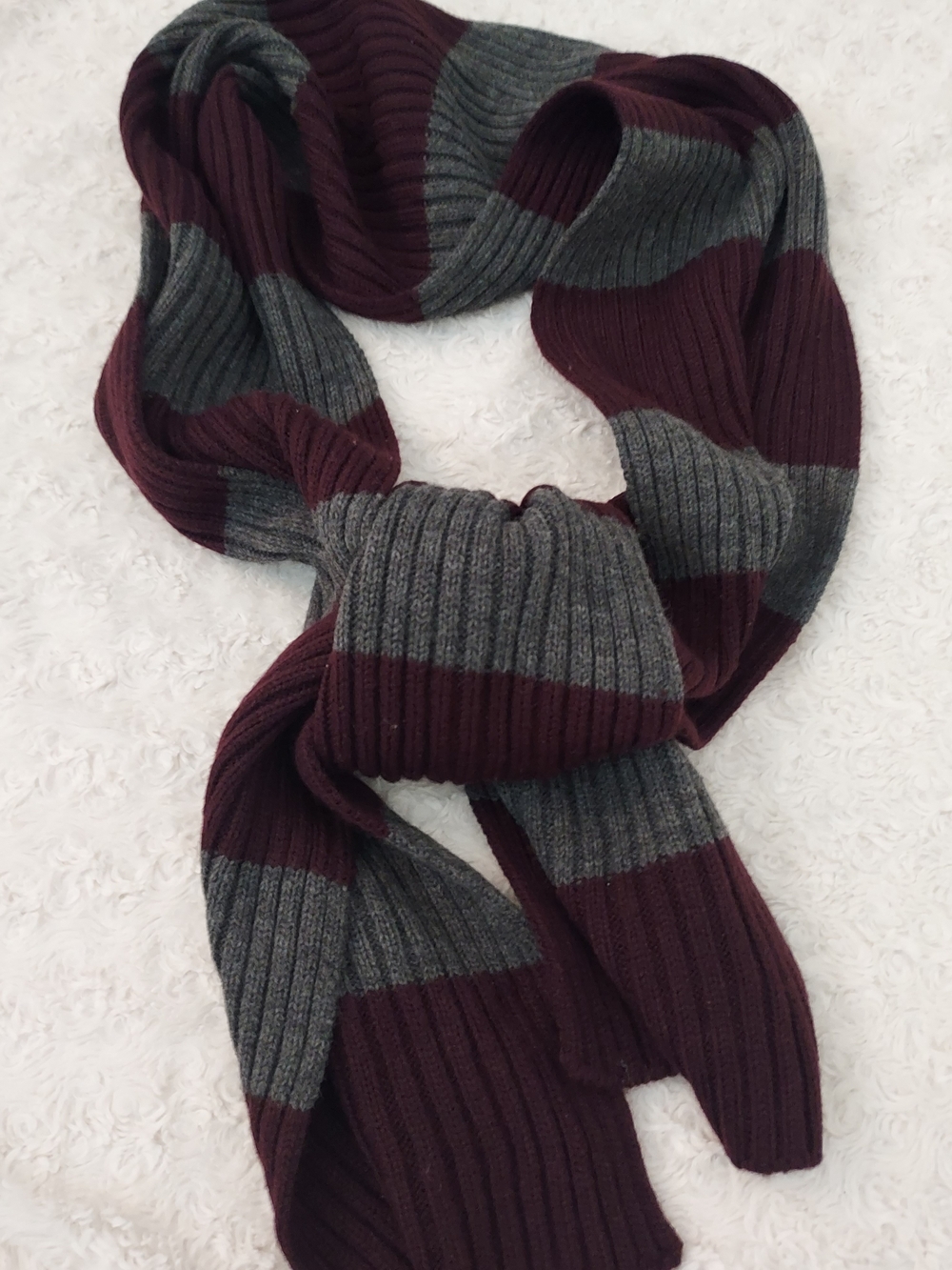 Striped Knit Warm Winter Scarf in Burgundy and Gray Colorblock Cool Weather Fall